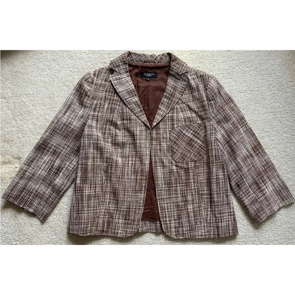 Talbots Plaid Linen Blend Blazer Womens 10 Brown Academic Old Money Equestrian